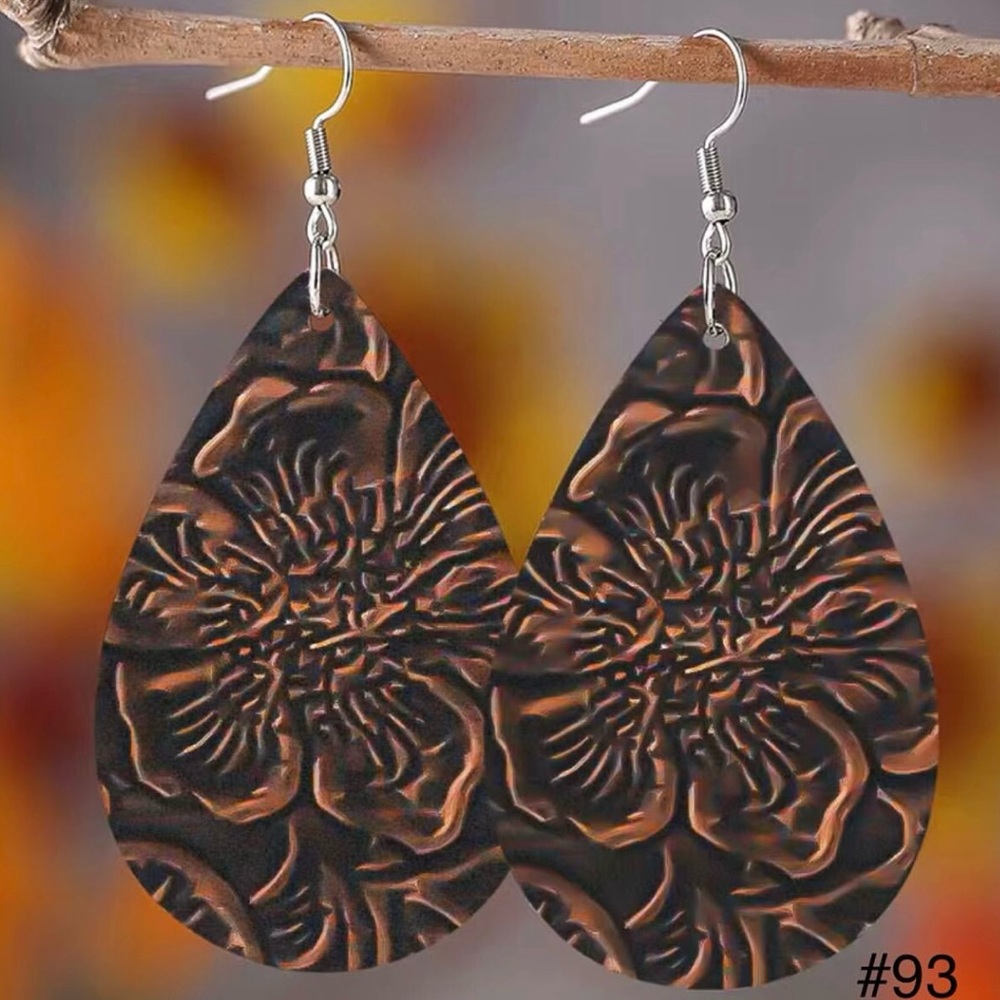 #93 | Floral PU Leather Tooled Look Teardrop Dangle Earrings